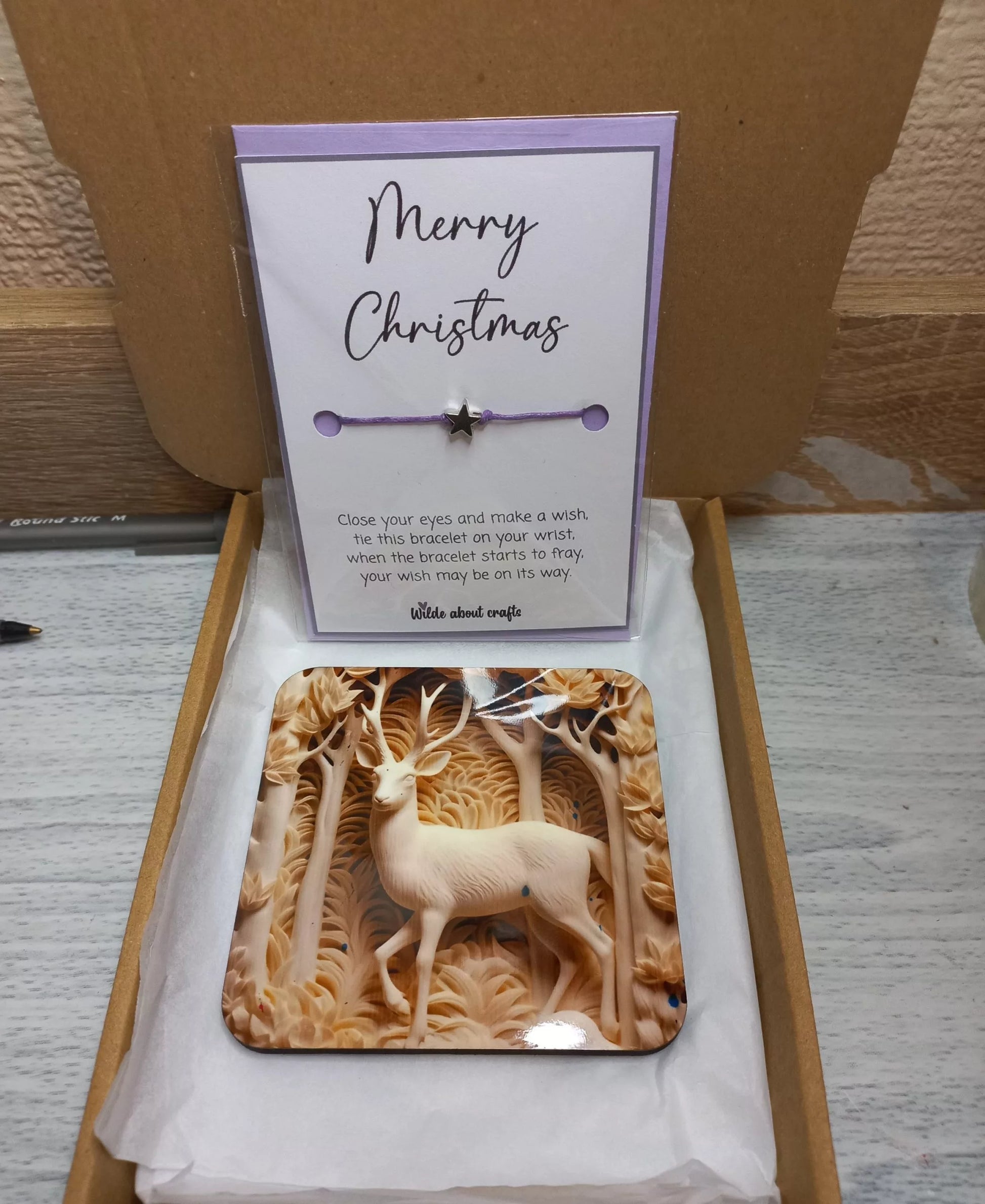 Little letterbox gift - Merry christmas Wish bracelet &amp; 3d stag coaster (LG23) image 0