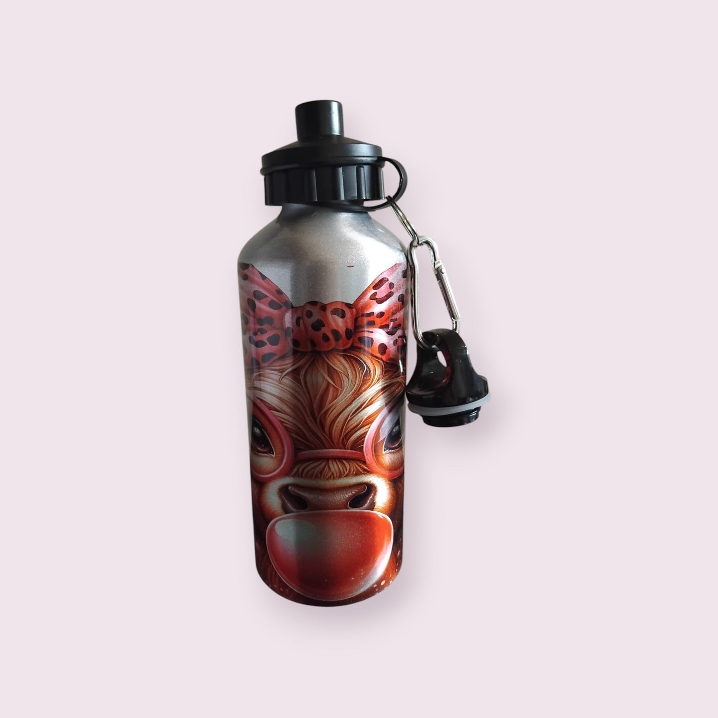 Bubblegum Highland Cow 600ml Water Bottle - Wilde Gifts Water Bottle