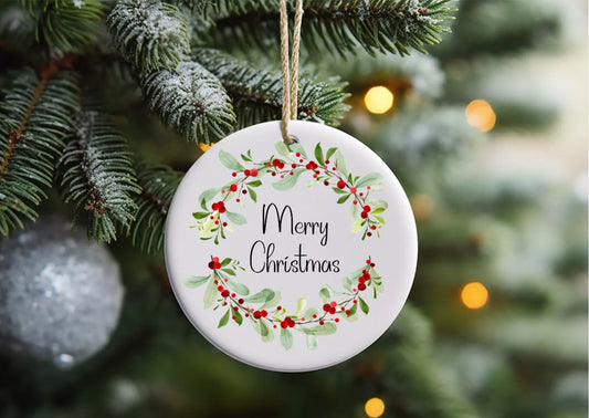 Merry Christmas Wreath 7cm ceramic bauble - Wilde Gifts 