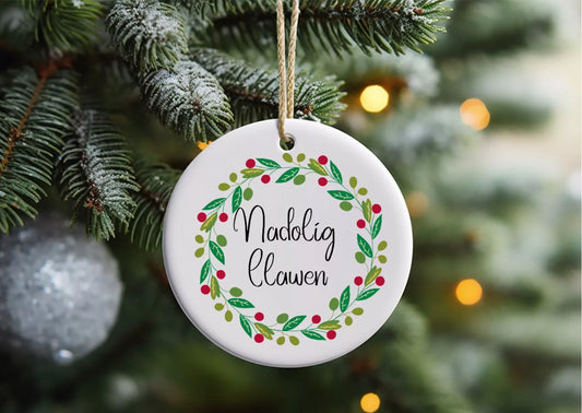 Nadolig Llawen wreath 7cm ceramic bauble - Wilde Gifts 