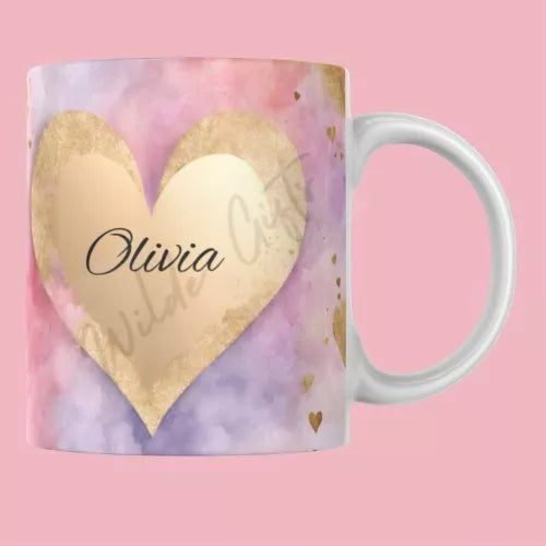 Personalised gold heart 11oz Mug - Wilde Gifts 