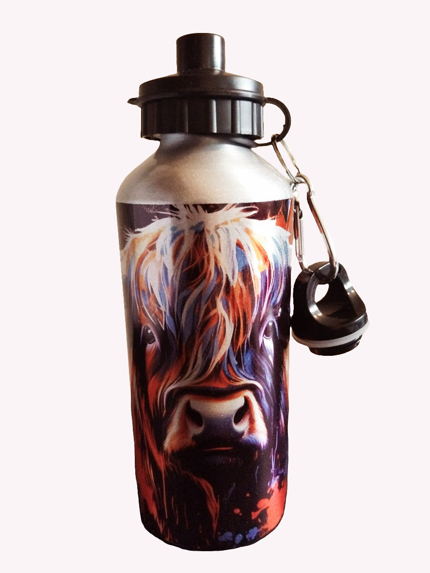 Watercolour Highland Cow 600ml Water Bottle - Wilde Gifts 