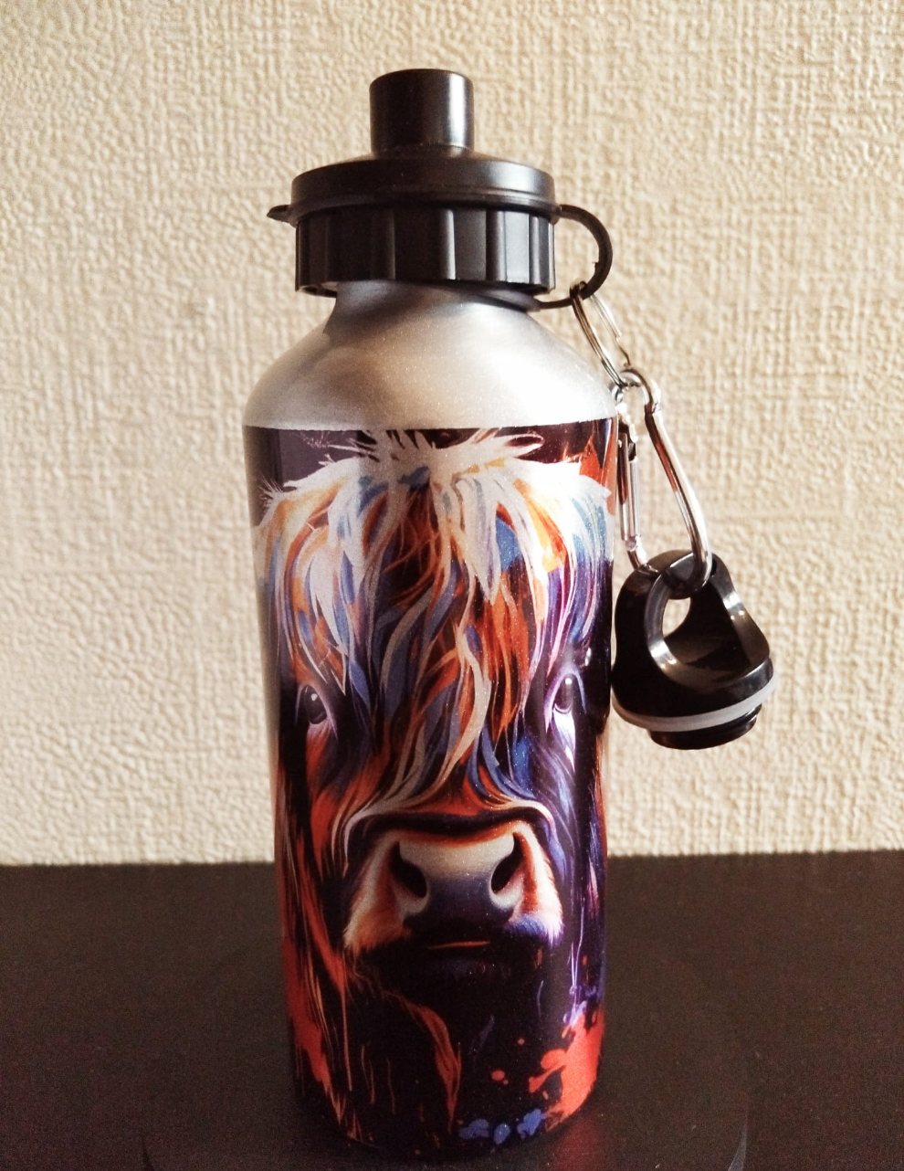 Watercolour Highland Cow 600ml Water Bottle - Wilde Gifts 