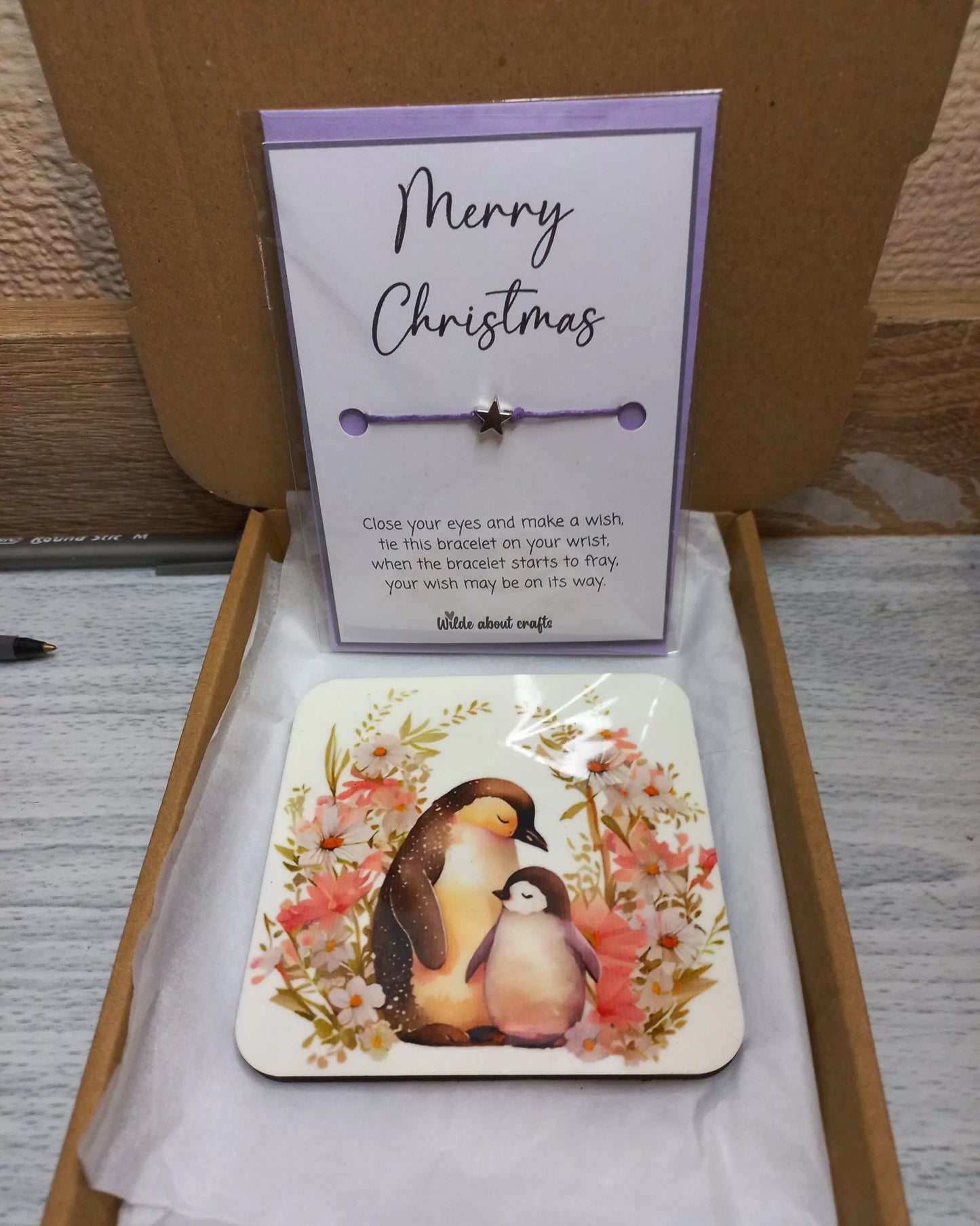 Little letterbox gift - Merry christmas Wish bracelet &amp; penguin coaster (LG22) image 0