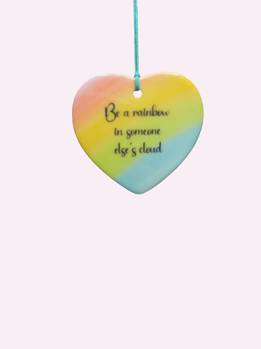 Rainbow in someone else's cloud 7cm ceramic heart