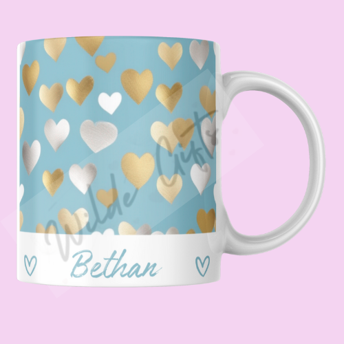 Personalised Mint &amp; gold hearts 11oz Mug